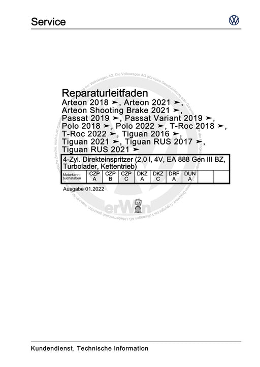 Arteon (2018 - 2020) Reparaturanleitung 4-Zyl. Direkteinspritzer (2,0 l, 4V, EA 888 Gen III BZ, Turbolader, Kettentrieb)