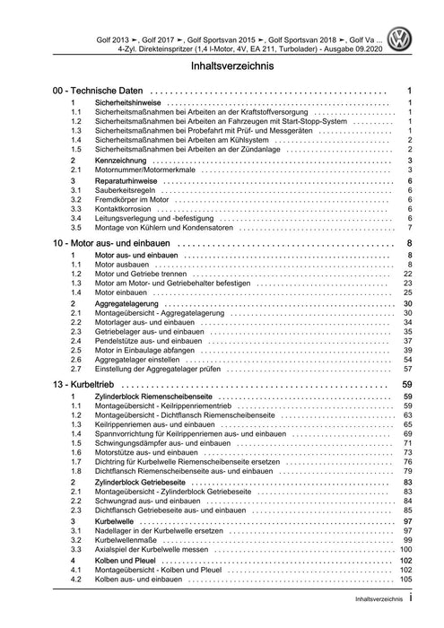 Golf VII (2013+2020)+Golf-Variant-Sportsvan Reparaturanleitung 4-Zyl. Direkteinspritzer (1,4 l-Motor, 4V, EA 211,+Turbolader)