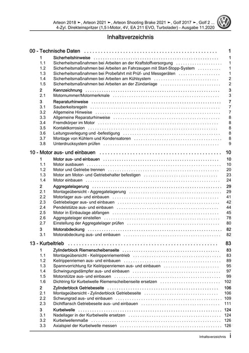 Arteon (2018 - 2020) Reparaturanleitung 4-Zyl. Direkteinspritzer (1,5 l-Motor, 4V, EA 211 EVO,+Turbolader)