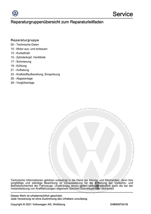 Arteon (2018 - 2020) Reparaturanleitung 4-Zyl. Common Rail (2,0 l, 4V, Turbolader, EA 288 EVO)