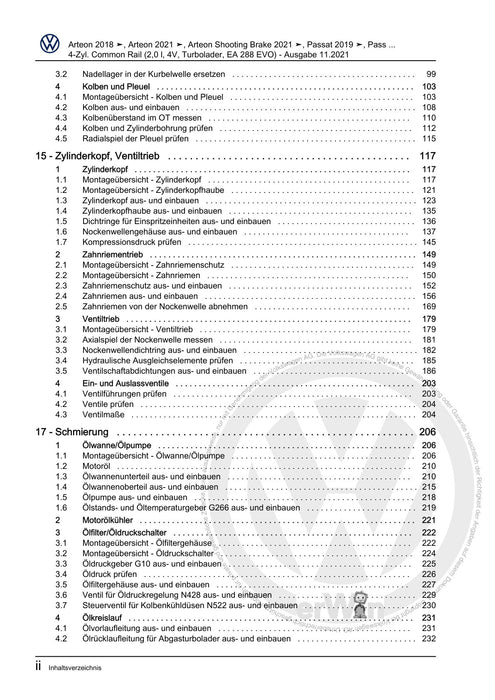Arteon (2018 - 2020) Reparaturanleitung 4-Zyl. Common Rail (2,0 l, 4V, Turbolader, EA 288 EVO)