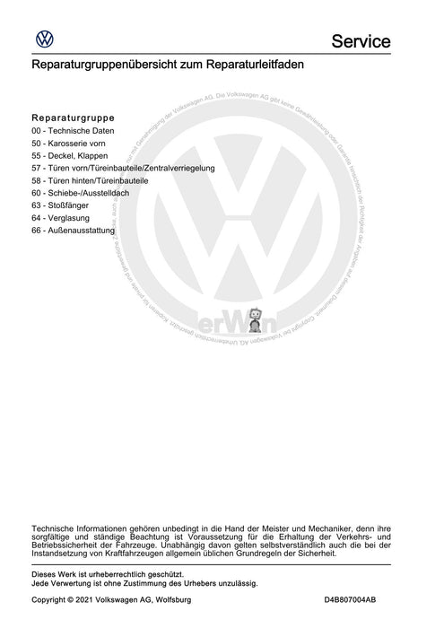 Arteon (2018 - 2020) Reparaturanleitung Karosserie-Montagearbeiten Außen