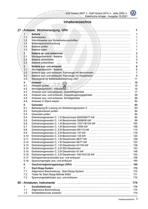 Golf V (2004 - 2007) Golf-Golf Variant-Golf Plus-Jetta Reparaturanleitung Elektrische Anlage