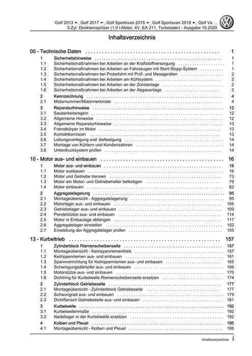 Golf VII (2013+2020)+Golf-Variant-Sportsvan Reparaturanleitung 3-Zyl. Direkteinspritzer (1,0 l-Motor, 4V, EA 211, Turbolader)