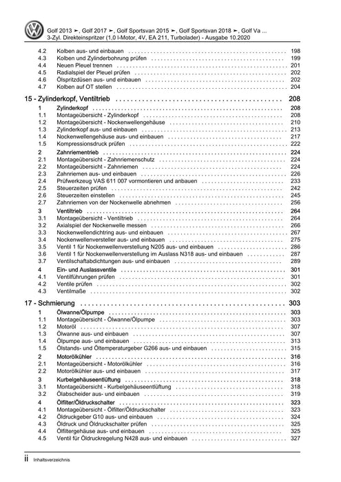 Golf VII (2013+2020)+Golf-Variant-Sportsvan Reparaturanleitung 3-Zyl. Direkteinspritzer (1,0 l-Motor, 4V, EA 211, Turbolader)
