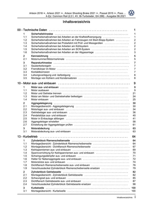 Arteon (2018 - 2020) Reparaturanleitung 4-Zyl. Common Rail (2,0 l, 4V, Bi-Turbolader, EA 288)