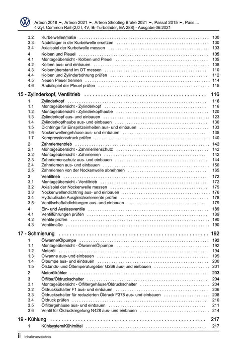 Arteon (2018 - 2020) Reparaturanleitung 4-Zyl. Common Rail (2,0 l, 4V, Bi-Turbolader, EA 288)