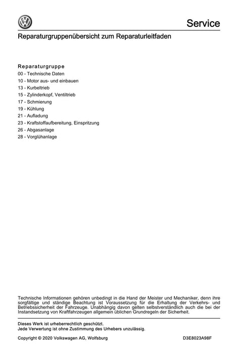Passat (2011+) Passat-Passat Variant Reparaturanleitung 4-Zyl. Common Rail (2,0 l-Motor, EA189 Gen II)