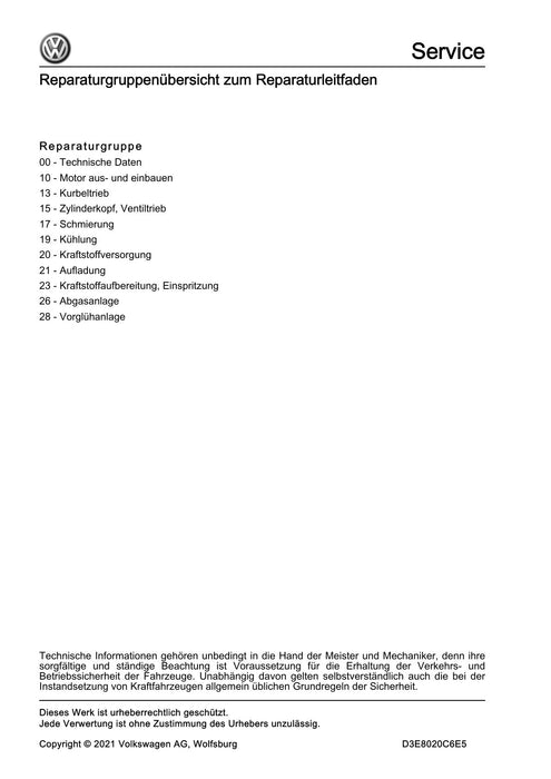 Transporter (2010 - 2015) Reparaturanleitung 4-Zyl. Dieselmotor (2,0 l-Motor, Common Rail)