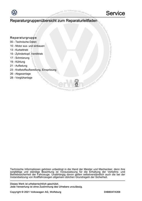 Arteon (2018 - 2020) Reparaturanleitung 4-Zyl. Common Rail (1,6- und 2,0 l, 4V, Turbolader, EA 288)