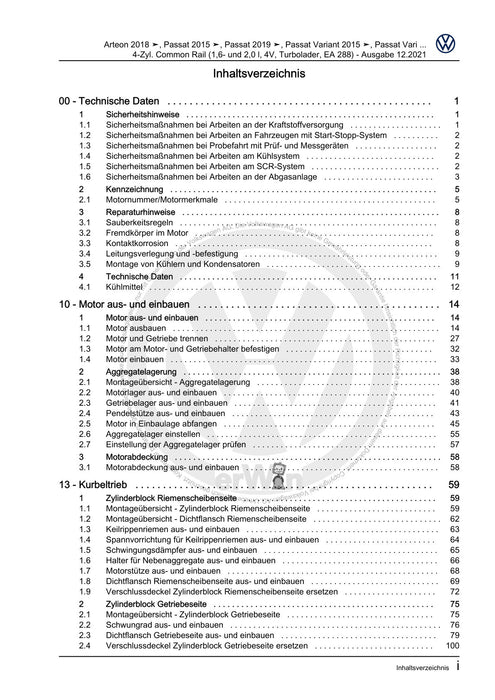 Arteon (2018 - 2020) Reparaturanleitung 4-Zyl. Common Rail (1,6- und 2,0 l, 4V, Turbolader, EA 288)