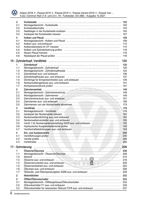 Arteon (2018 - 2020) Reparaturanleitung 4-Zyl. Common Rail (1,6- und 2,0 l, 4V, Turbolader, EA 288)