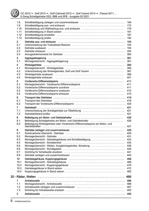 Golf VI (2009 - 2013) Golf-Plus-Cabriolet-Variant Reparaturanleitung 6 Gang-Schaltgetriebe 02Q, 0BB und 0FB