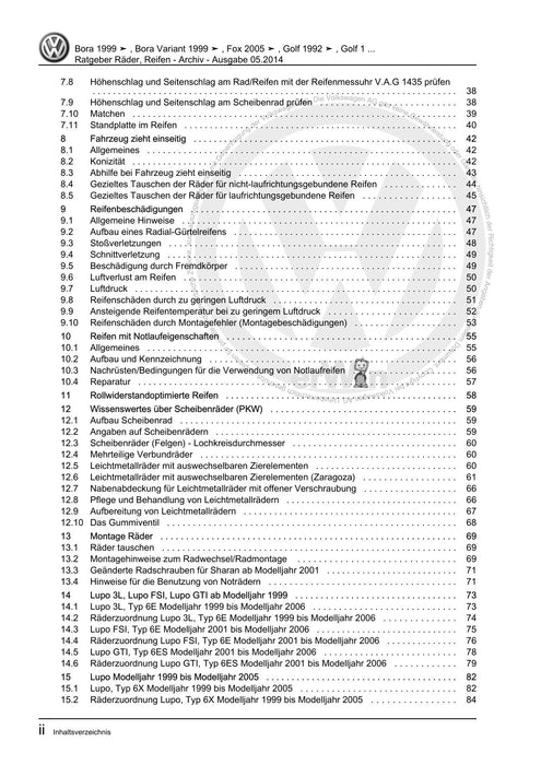 Golf Cabriolet (1994 - 2002) Reparaturanleitung Ratgeber Räder, Reifen - Archiv