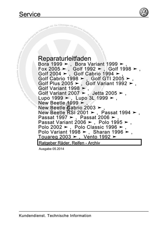 Lupo (1998 - 2006) Reparaturanleitung Ratgeber Räder, Reifen - Archiv