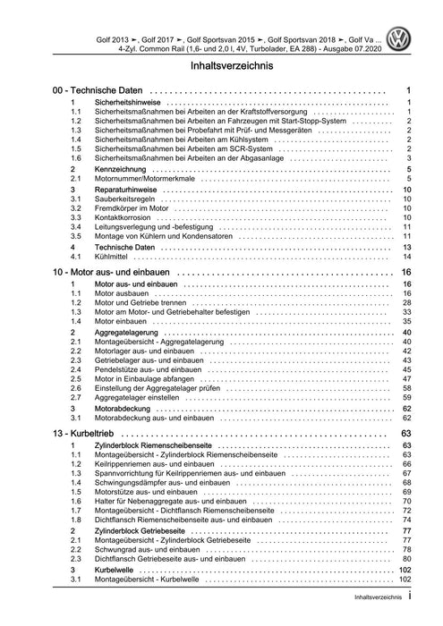 Golf VII (2013+2020)+Golf-Variant-Sportsvan Reparaturanleitung 4-Zyl. Common Rail (1,6- und 2,0 l, 4V, Turbolader, EA 288)