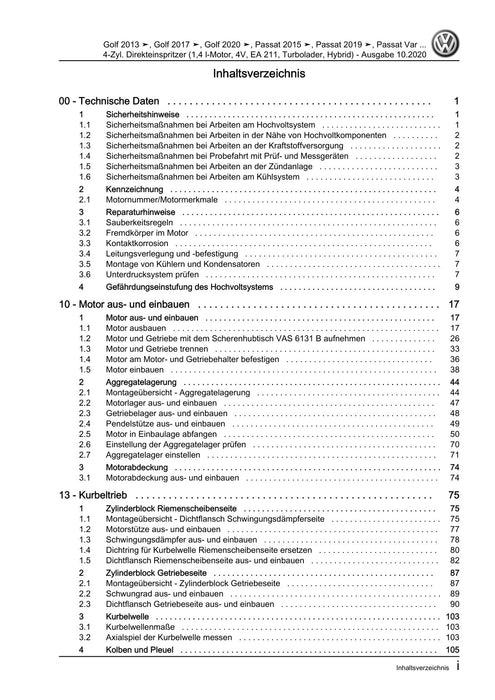 Golf VII (2013+2020)+Golf-Variant-Sportsvan Reparaturanleitung 4-Zyl. Direkteinspritzer (1,4 l-Motor, 4V, EA 211, Turbolader, Hybrid)