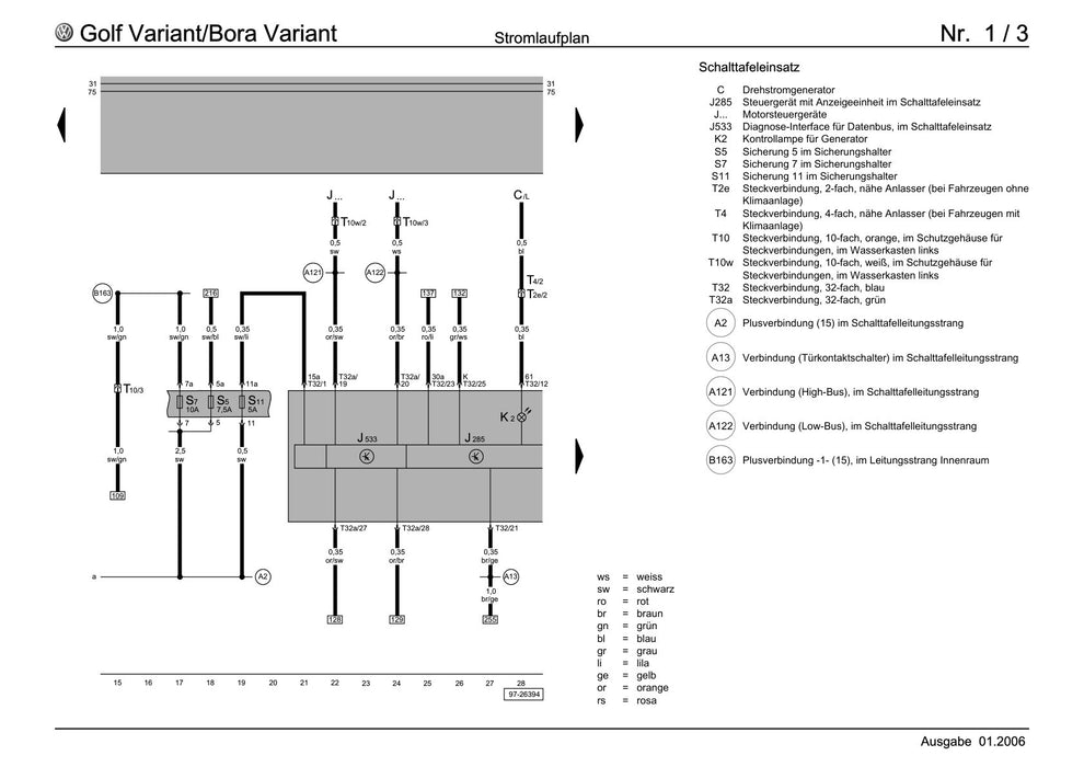 Golf IV (1998 - 2006) Golf-Golf Variant-Bora-Bora Variant Stromlaufplan Grundausstattung, Golf Variant und Bora Variant, ab Mai 1999