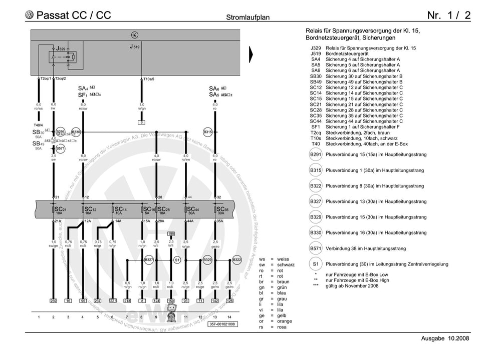 Passat CC (2009) Stromlaufplan Komfortsystem, Außenspiegel, beheizbar und elektrisch verstellbar, Diebstahlwarnanlage mit Innenraumüberwachung, Fensterheb