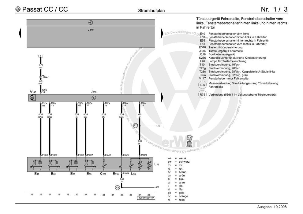 Passat CC (2009) Stromlaufplan Komfortsystem, Außenspiegel, beheizbar und elektrisch verstellbar, Diebstahlwarnanlage mit Innenraumüberwachung, Fensterheb