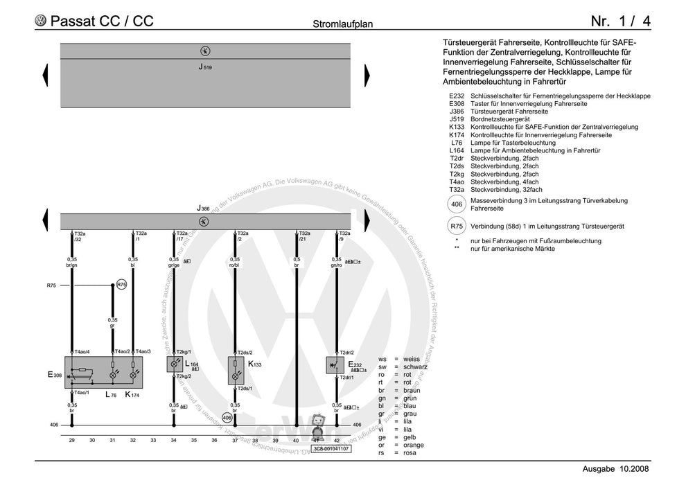 Passat CC (2009) Stromlaufplan Komfortsystem, Außenspiegel, beheizbar und elektrisch verstellbar, Diebstahlwarnanlage mit Innenraumüberwachung, Fensterheb