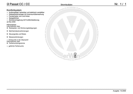 Passat CC (2009) Stromlaufplan Komfortsystem, Außenspiegel, beheizbar und elektrisch verstellbar, Diebstahlwarnanlage mit Innenraumüberwachung, Fensterheb