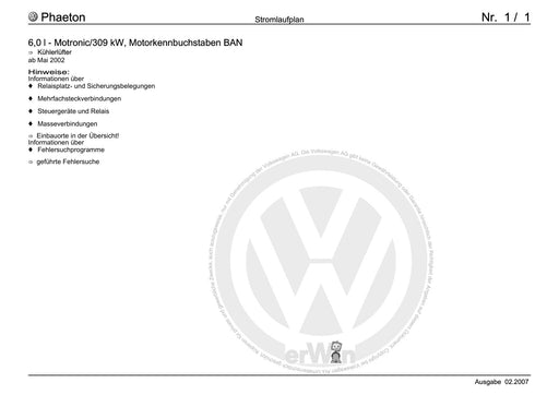 Phaeton (2001 - 2008) Stromlaufplan 6,0 l – Motronic-309 kW, Motorkennbuchstaben BAN, Kühlerlüfter, ab Mai 2002