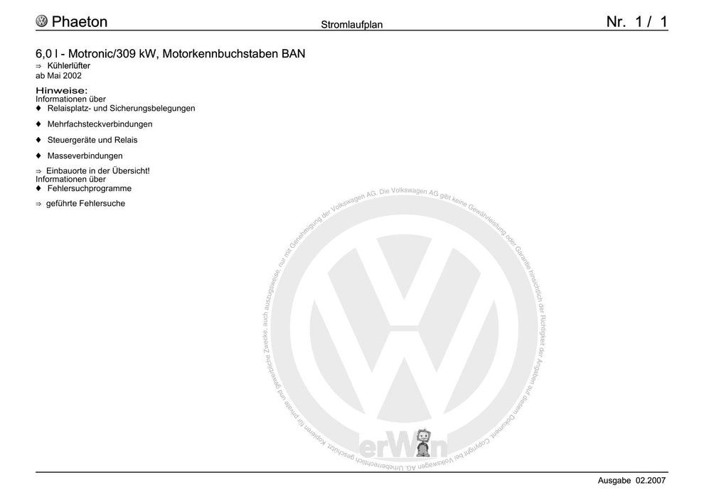 Phaeton (2001 - 2008) Stromlaufplan 6,0 l – Motronic-309 kW, Motorkennbuchstaben BAN, Kühlerlüfter, ab Mai 2002